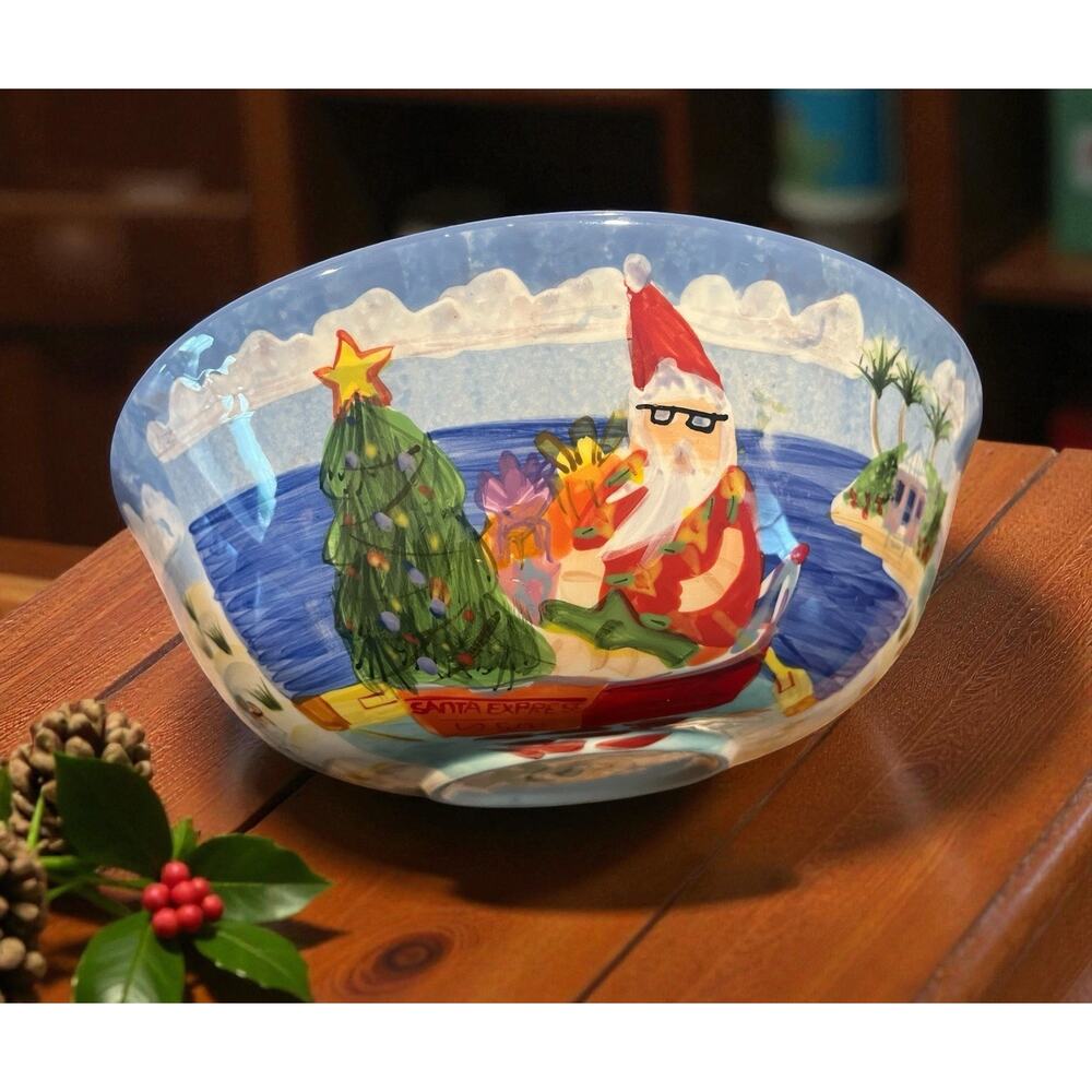 Oneida Coastal Holiday Serving Bowl Christmas Santa Flamingo Snowman on Beach